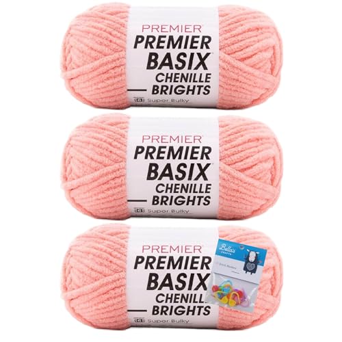 Premier Yarns Basix Chenille Brights Garn, Solids, 150 g, Multis pro Knäuel, 6 super sperrig, grob, 3er-Pack mit Bella's Crafts Maschenmarkierern, pfirsichfarben von Bella's Crafts