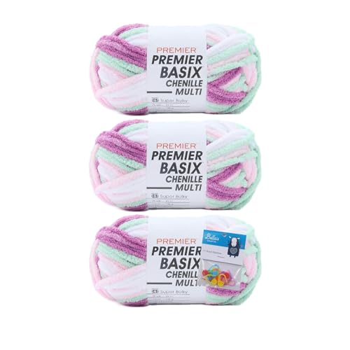 Premier Yarns Basix Chenille Brights Garn, Solids, 150 g, Multis pro Knäuel, 6 super sperrig, grob, 3er-Pack mit Bella's Crafts Maschenmarkierern (Anemone) von Bella's Crafts