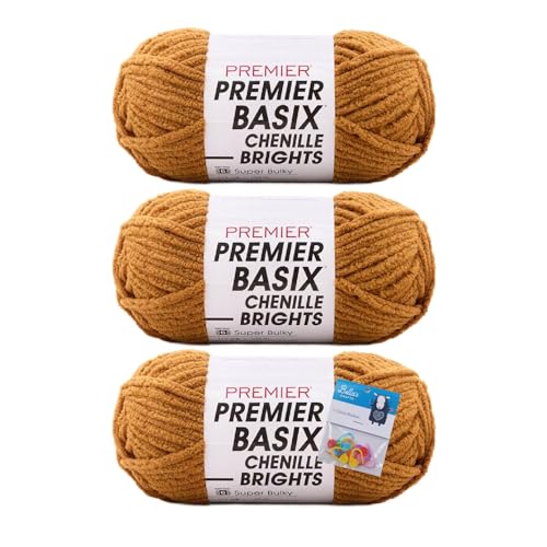 Premier Yarns Basix Chenille Brights Garn, Solids, 150 g, Multis pro Knäuel, 6 super sperrig, grob, 3er-Pack mit Bella's Crafts Maschenmarkierern (Curry) von Bella's Crafts