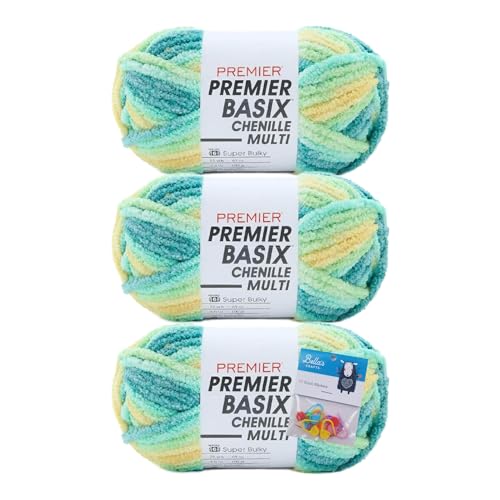 Premier Yarns Basix Chenille Brights Garn, Solids, 150 g, Multis pro Knäuel, 6 super sperrig, grob, 3er-Pack mit Bella's Crafts Maschenmarkierern (Frühling) von Bella's Crafts