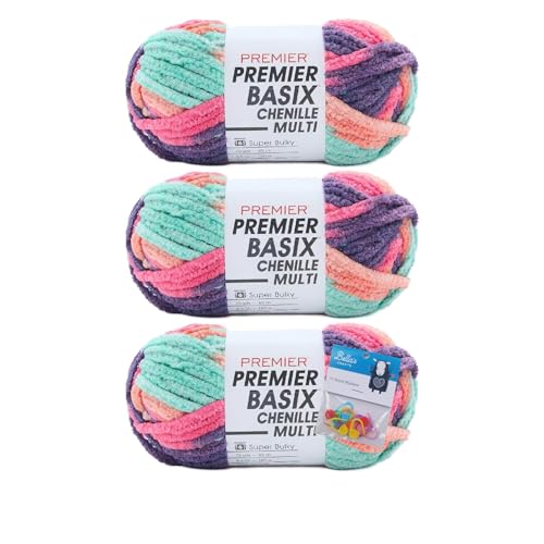 Premier Yarns Basix Chenille Brights Garn, Solids, 150 g, Multis pro Knäuel, 6 super sperrig, grob, 3er-Pack mit Bella's Crafts Maschenmarkierern (Kolibri) von Bella's Crafts