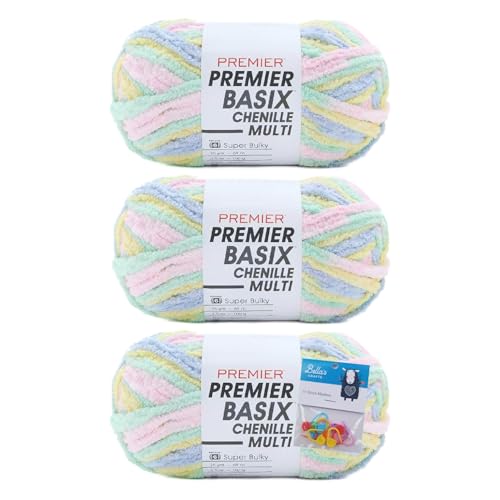 Premier Yarns Basix Chenille Brights Garn, Solids, 150 g, Multis pro Knäuel, 6 super sperrig, grob, 3er-Pack mit Bella's Crafts Maschenmarkierern (Pastellfarben) von Bella's Crafts