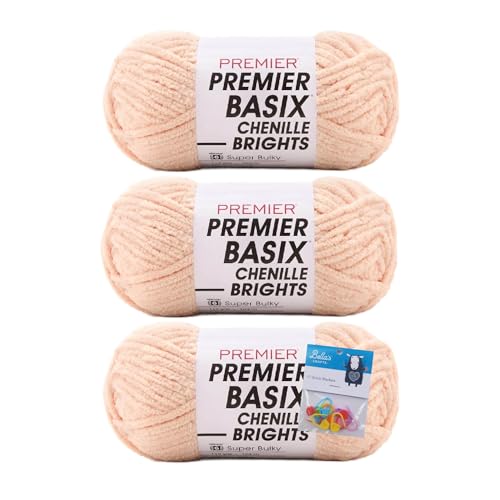 Premier Yarns Basix Chenille Brights Garn, Solids, 150 g, Multis pro Knäuel, 6 super sperrig, grob, 3er-Pack mit Bella's Crafts Maschenmarkierern (Shell) von Bella's Crafts