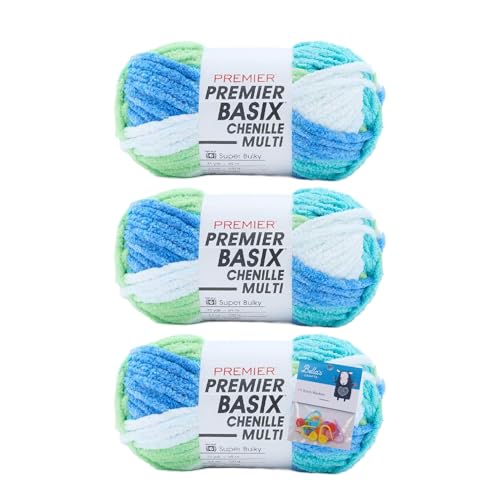 Premier Yarns Basix Chenille Brights Garn, Solids, 150 g, Multis pro Knäuel, 6 super sperrig, grob, 3er-Pack mit Bella's Crafts Maschenmarkierern (Surf) von Bella's Crafts