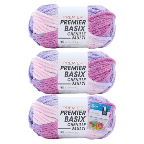 Premier Yarns Basix Chenille Brights Garn, Solids, 150 g, Multis pro Knäuel, 6 super sperrig, grob, 3er-Pack mit Bella's Crafts Maschenmarkierern (Tulpe) von Bella's Crafts
