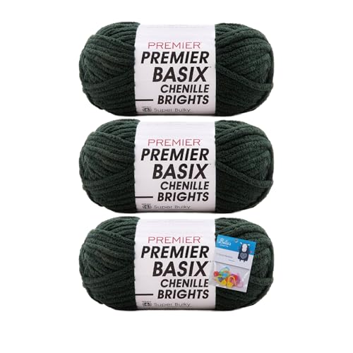 Premier Yarns Basix Chenille Brights Garn, Solids, 150 g, Multis pro Knäuel, 6 super sperrig, grob, 3er-Pack mit Bella's Crafts Maschenmarkierern (Wald) von Bella's Crafts
