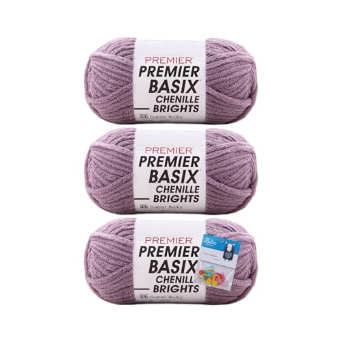Premier Yarns Basix Chenille Brights Garn, Solids, 150 g, Multis pro Knäuel, 6 super sperrige, grobe Gewichte, 3er-Pack Bündel mit Bella's Crafts Maschenmarkierern, (Dusty Lilac) von Bella's Crafts