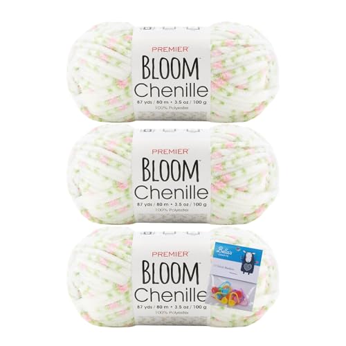 Premier Yarns Bloom Chenille-Garn – 100 g – #6 Super Bulky Weight – 3er-Pack Bündel mit Bella's Crafts Maschenmarkierern (Kirschblüte) von Bella's Crafts