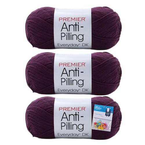 Premier Yarns Everyday DK Anti-Pilling-Garn, 100 g pro Knäuel, 3 Stück, leicht, 3er-Pack, Bündel mit Bella's Crafts Maschenmarkierern, Aubergine von Bella's Crafts
