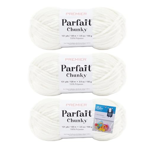 Premier Yarns Parfait Chunky-Chenille-Garn, 100 g, 6 Stück, super sperrig, 3er-Pack, Bündel mit Bella's Crafts Maschenmarkierern, cremefarben von Bella's Crafts