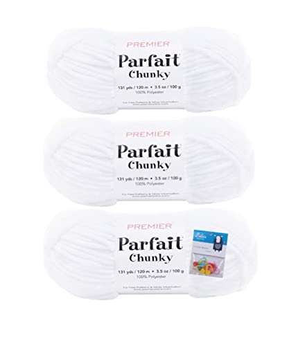 Premier Yarns Parfait Chunky-Chenille-Garn, 100 g, 6 super sperriges Gewicht, 3er-Pack, Bündel mit Bella's Crafts Maschenmarkierern, Weiß von Bella's Crafts