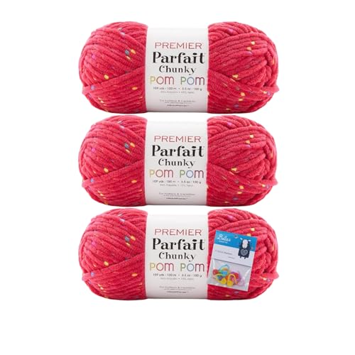 Premier Yarns Parfait Chunky Pom Pom Garn, 100 g, #6 super sperrig, 3er-Pack Bündel mit Bella's Crafts Maschenmarkierern (Party Pink) von Bella's Crafts
