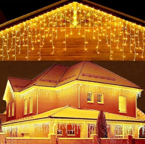 BellaGesundheit 15m 600 LED Warmweiß Eiszapfen-Lichterkette, IP44 wassergeschützt, 8 Beleuchtungsmodi mit Timer für Innen, Außenbereich, Weihnachten, Hochzeiten, Partys (15m) von BellaGesundheit