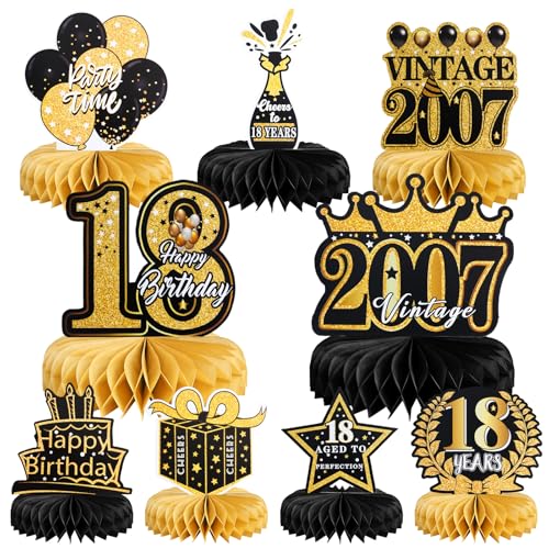 BellaGesundheit 18 Geburtstag Deko, 9Stk Bienenwabe Mittelstück Tischdeko Set für Männer Frauen, Waben-Partyzubehör Papier Geburtstagsparty Tischdekorationen (Schwarze Goldene 18) von BellaGesundheit