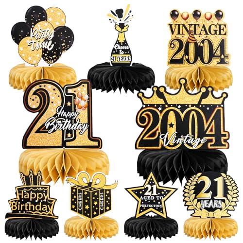 BellaGesundheit 18 Geburtstag Deko, 9Stk Bienenwabe Mittelstück Tischdeko Set für Männer Frauen, Waben-Partyzubehör Papier Geburtstagsparty Tischdekorationen (Schwarze Goldene 21) von BellaGesundheit