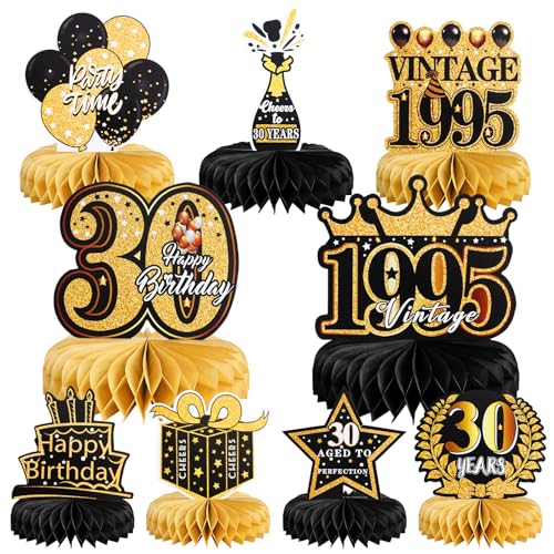 BellaGesundheit 18 Geburtstag Deko, 9Stk Bienenwabe Mittelstück Tischdeko Set für Männer Frauen, Waben-Partyzubehör Papier Geburtstagsparty Tischdekorationen (Schwarze Goldene 30) von BellaGesundheit