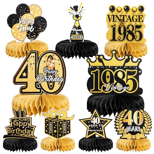 BellaGesundheit 18 Geburtstag Deko, 9Stk Bienenwabe Mittelstück Tischdeko Set für Männer Frauen, Waben-Partyzubehör Papier Geburtstagsparty Tischdekorationen (Schwarze Goldene 40) von BellaGesundheit