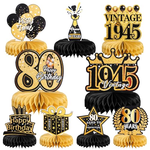 BellaGesundheit 18 Geburtstag Deko, 9Stk Bienenwabe Mittelstück Tischdeko Set für Männer Frauen, Waben-Partyzubehör Papier Geburtstagsparty Tischdekorationen (Schwarze Goldene 80) von BellaGesundheit