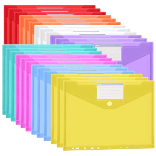 Dokumentenmappe A4 Abheftbar 24 Stück, 10 Farben Dokumententasche A4 mit Klettverschluss, 11 Lochrand und Etikettentasche, Transparente Sammelmappe für Ordnersystem – Wasserdicht von BellaGesundheit