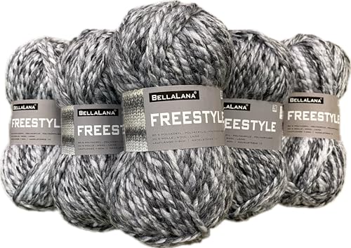 Wollkontor, BellaLana FREESTYLE, 80% Polyacryl, 20% Wolle, 5x100g, Längsknäuel, Lauflänge: ca. 60m, Nadelstärke: 10,0mm (anthra-grau-ecru) von BellaLana