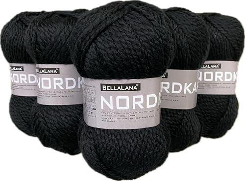 Wollkontor, BellaLana NORDKAP, 57% Polyacryl, 43% Schurwolle, 5x100g, Längsknäuel, Lauflänge: ca. 100m, Nadelstärke: 6,0-6,5mm (schwarz) von BellaLana