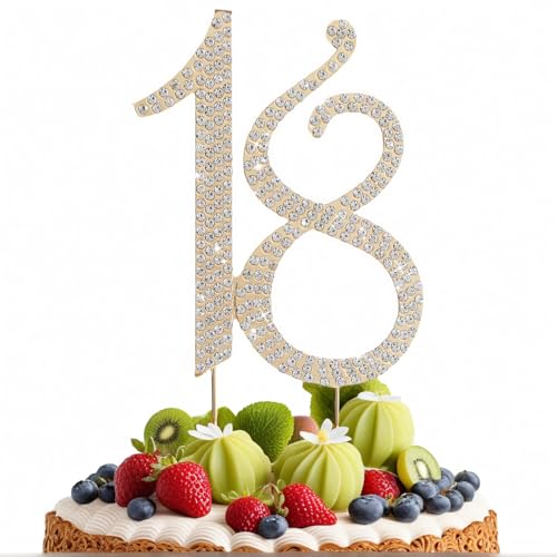 18 Zahl Kuchen Topper Strass, 18 Zahl Kuchendeckel, Geburtstag Kuchen Spitzenwerken Rhinstone Deko, für Jubiläum, Partydekoration, Geburtstagstortendekoration (Gold) von Bellabon