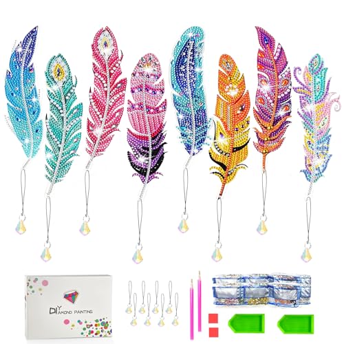 Bellanova 8-teiliges DIY-Set für Diamond Painting Lesezeichen, Feder Lesezeichen mit Strassanhängern und Werkzeug, geeignet für Kinder und Erwachsene zum kreativen Basteln(Mehrfarbig) von Bellanova