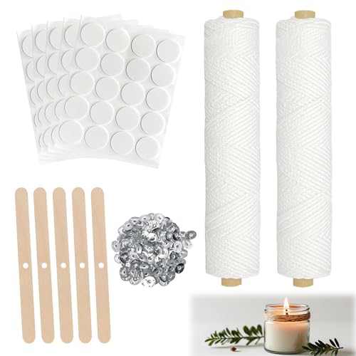 Bellanova 185m Kerzendocht, Kerzen Docht mit 100 Stück Dochthalter, Kerzen Sticker, Rauchfreier Gewebter Kerzendochte Set für DIY-Duftkerzen, Kerzenherstellung, Öllampen, Aromatherapie, Weiß (2 STK.) von Bellanova