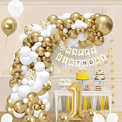 1. Geburtstag Deko, 1 Jahr Geburtstagsfeier Junge/Mädchen, 1. Geburtstagdeko Ballons Weiß Gold, 1st Happy Birthday Banner Deko, Deko 1. Geburtstag Konfetti Luftballons, Birthday Party Dekorationen von Bellatoi