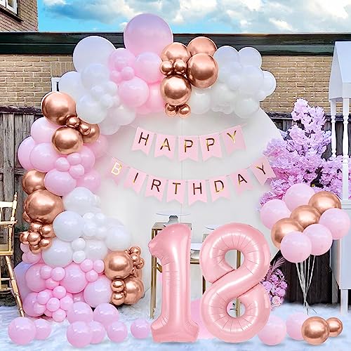 18. Geburtstag Deko, 18 Jahr Geburtstagsfeier für Mädchen, 18. Geburtstagdeko Ballons Rosa Weiß Rosegold, Happy Birthday Banner, Deko 18. Geburtstag Konfetti Luftballons, Geburtstagsfeier Dekorationen von Bellatoi