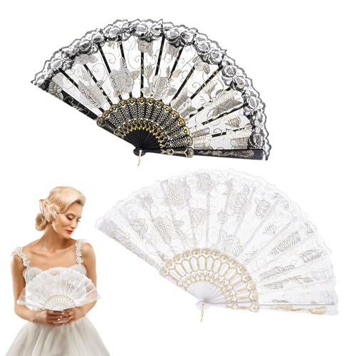 BelleVive 2 Stück Faltfächer aus Rosenspitze, Faltfächer aus Seide, Handfächer, Faltbarer Hochzeitsfächer als Hochzeitsgeschenk, Heimdekoration, perfekt für Partys, Tanzen, Schwarz + Weiß von BelleVive