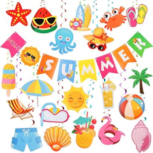 BelleVive 21-teilige Sommerparty-Dekorationen, Strand-Pool-Party-Dekorationen, „Hello Summer“-Banner, Pool, Strand, hängende Bäche, Dekor für Zuhause, Büro, Schule, Klassenzimmer von BelleVive