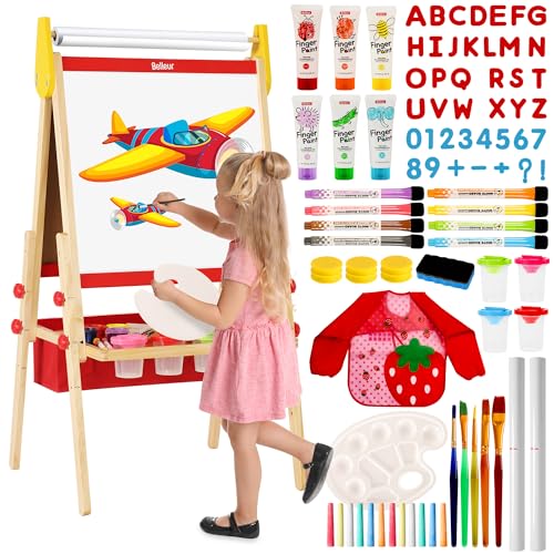 Belleur 3 in 1 Staffelei Kinder von 2–8 Jahren, Verstellbare Standtafel aus Holz, Doppelseitige Kindertafel mit Tafel und Whiteboard, Fingerfarben, Papierrolle, über 100 Zubehörteile von Belleur