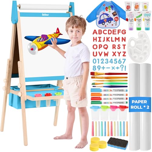 Belleur All-in-One Staffelei für Kinder mit 2 Papierrollen, Deluxe-Zubehör, Verstellbares Magnetisches Doppelseitiges Kinder Tafel mit Kreide und Magnet, Tafel für Kinder 2-8 Jahren von Belleur