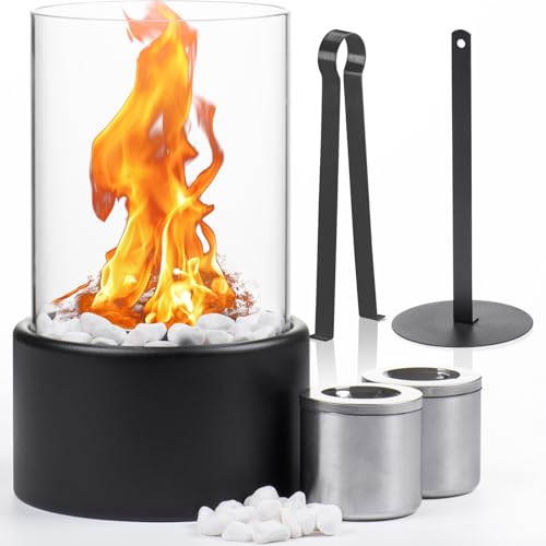 Tischkamin - Bioethanol Tischkamin Groß für Romantische Abende, Tischfeuer für Garten auf dem Balkon oder im Wohnzimmer, Mit Dekorativen Steinen und Zange für Einfache Handhabung von Belmeri