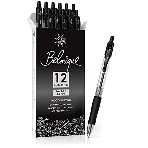 Belmique Kugelschreiber Schwarz 1MM - 12er Set Kugelschreiber. Extra Weich mit einziehbarer Stiftspitze für ein tolles Schreiberlebnis von Belmique