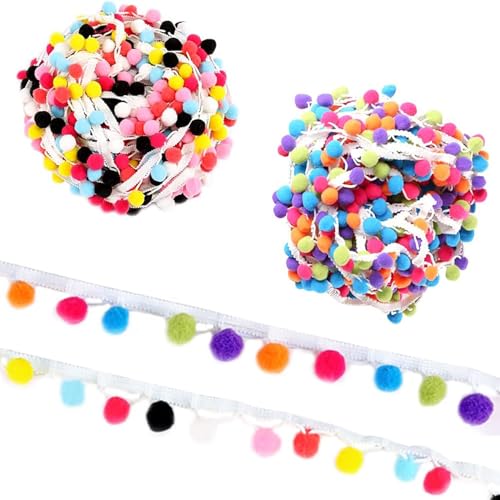 Belvanr Pomponborte 12M Pomponborte zum Nähen Bommelborte Pompon Borte Pom Pom Trim Regenbogen Pom Pom Bommel Fringe Pompoms Bunt Bommel Ball Fransen Band Ball Fransen Quasten Trim für Dekorieren von Belvanr