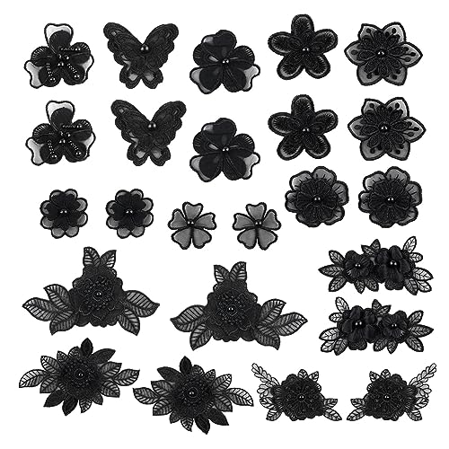 Belvanr Schwarz Spitze Aufnäher 24 Stück Applikation mit Blumenstickerei Spitze Applique Sticker Aufnäher Applikation Flicken Stickerei Spitze Applikationen Blumen Patches DIY Kleidung Applique von Belvanr