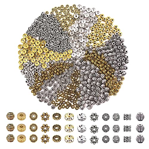 Belvanr Zwischenperlen Metall 600 Stück Metallperlen Perlenkappen Perlen Tibetan Distanzperlen Spacer Perlen zum Auffädeln Schmuckzubehör (Silber und Gold) von Belvanr