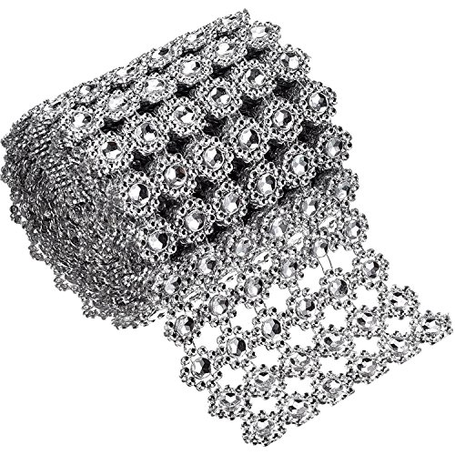 6 Reihen Silber Blume Diamant Mesh Wrap Rolle Faux Kristall Strass Ribbon für Partydekorationen, 4 Zoll x 3 Yards von Bememo
