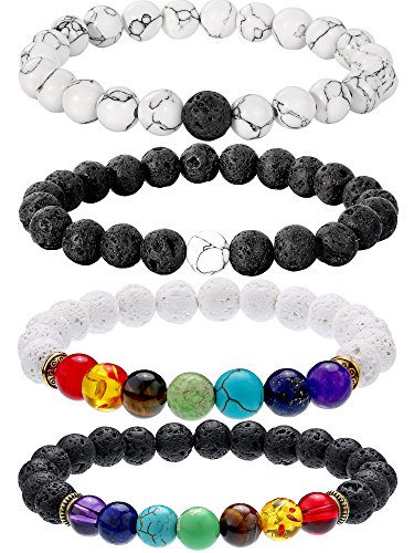 Bememo 4 Stück Lava Stein Armbänder 7 Farben Chakra Perlen, Aromatherapie Armbänder Armreifen für Ätherische Öle (Stil Set 3) von Bememo