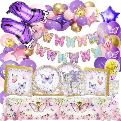 Bemoseng 129 PCS Schmetterling Deko Geburtstag, Butterfly Birthday Decoration Set, Schmetterling Geburtstag Party Geschirr für Mädchen, Schmetterling Tischdecke Teller Becher Servietten von Bemoseng