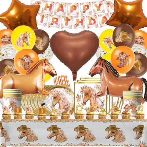 Bemoseng 87 PCS Pferde Geburtstagsdeko, Pferde Partygeschirr, Horse Party, P-ferde Party Luftballons, P-ferde Deko Ggeburtstag Banner Teller Pappbecher Cupcake Topper Tischdecken Servietten von Bemoseng