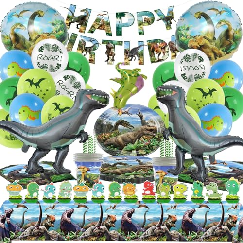 Bemoseng Dinosaurier Partygeschirr,Dino Luftballons Geburtstag Deko, Dino Deko Kindergeburtstag, Dinosaurier gGebutstag Partygeschirr, Junge Party Pappteller Kindergeburtstag Tischdecke Teller von Bemoseng