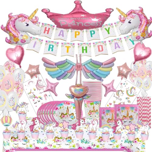 Bemoseng Einhorn Deko Kindergeburtstag, Einhorn Geburtstagsdeko Set für Mädche, Rosa Unicorn Luftballons, Pappteller und Becher Set, Luftballons Haarreif Pappbecher Servietten 16 Gäste von Bemoseng