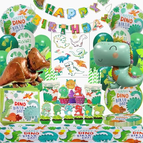 Bemoseng Partygeschirr Kindergeburtstag Dino, 101pcs Dino Deko Kindergeburtstag, Dino Luftballons Geburtstag Deko, Dino Pappteller und Becher Set, Luftballons Pappteller Tassen Servietten von Bemoseng