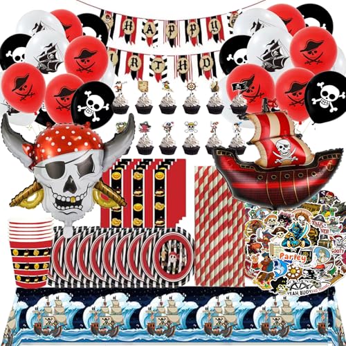 Bemoseng Piraten Geschirr Set 148PCS, Kindergeburtstag Set Piraten, Kindergeburtstag Pirat, Piraten Tortendeko, Piraten Luftballons, Piraten Geburtstag Mitgebsel, Décoration Anniversaire von Bemoseng