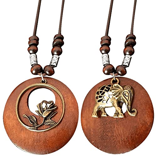 Bemvp 2 Stück Lederband-Halskette, Mehrschichtige Halskette Holzanhänger, Vintage-schmuck, Stil, Pullover-Halskette Für Damen Und Herren von Bemvp