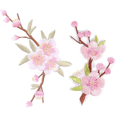 Blumen-Stickerei-Patches 2 Stück Pfirsichblüten-Zweig-Stoff-Aufkleber zum Aufbügeln von Abzeichen Applikationen DIY-Kleidungszubehör von Bemvp