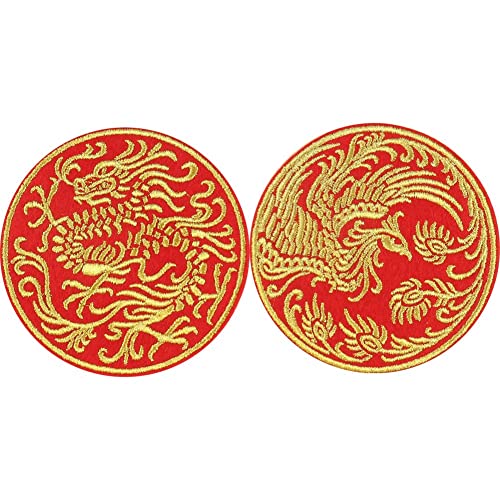 Runde Patch 2pcs Dragon Phoenix Bestickte Applikationen Retro Bestickter Dekorativer Patch Für Kleidungskleidung von Bemvp